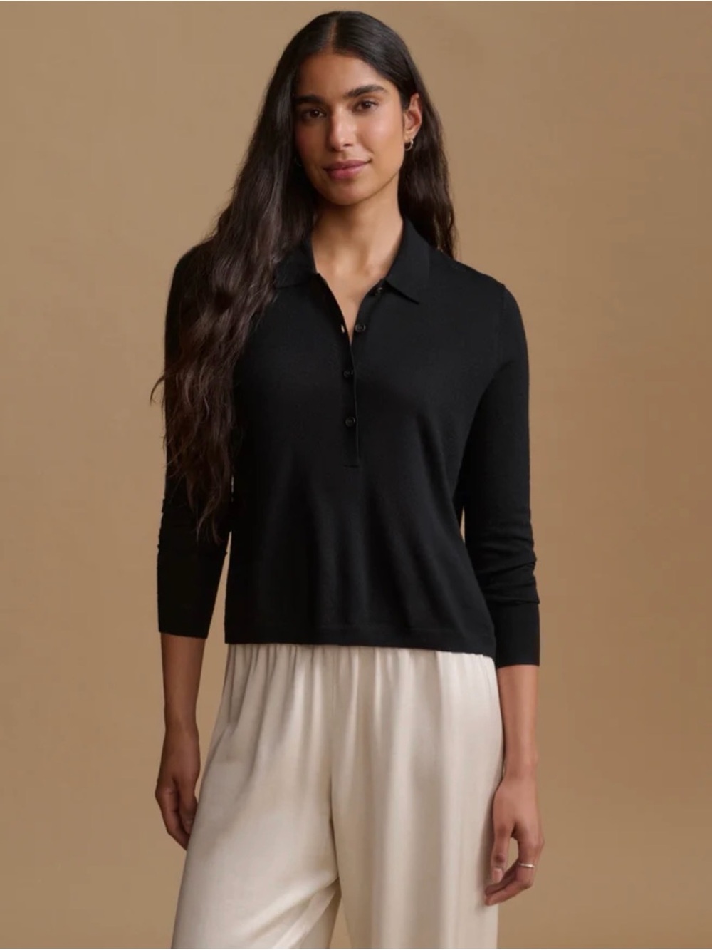 NEW Jenni Kayne Grayson Polo Merino Wool Long Sleeve Sweater Black | size S